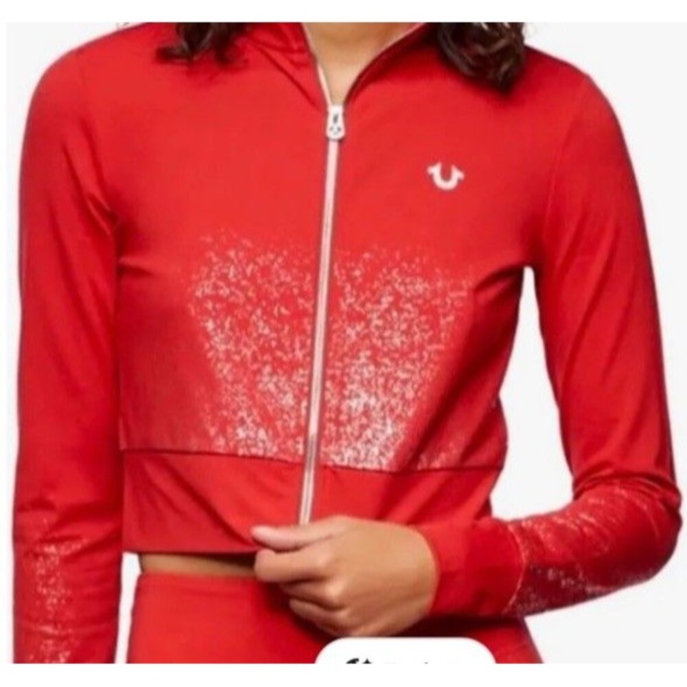 True Religion Shimmer Jacket Medium Crop Red Zip Women's Activewear $149